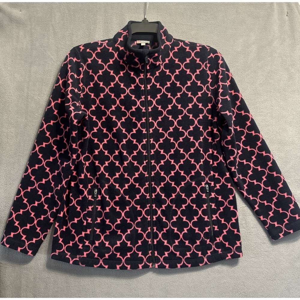 T Talbots Full Zip Fleece‎ Jacket Lightweight Size XL Blue Pink Geometric Print